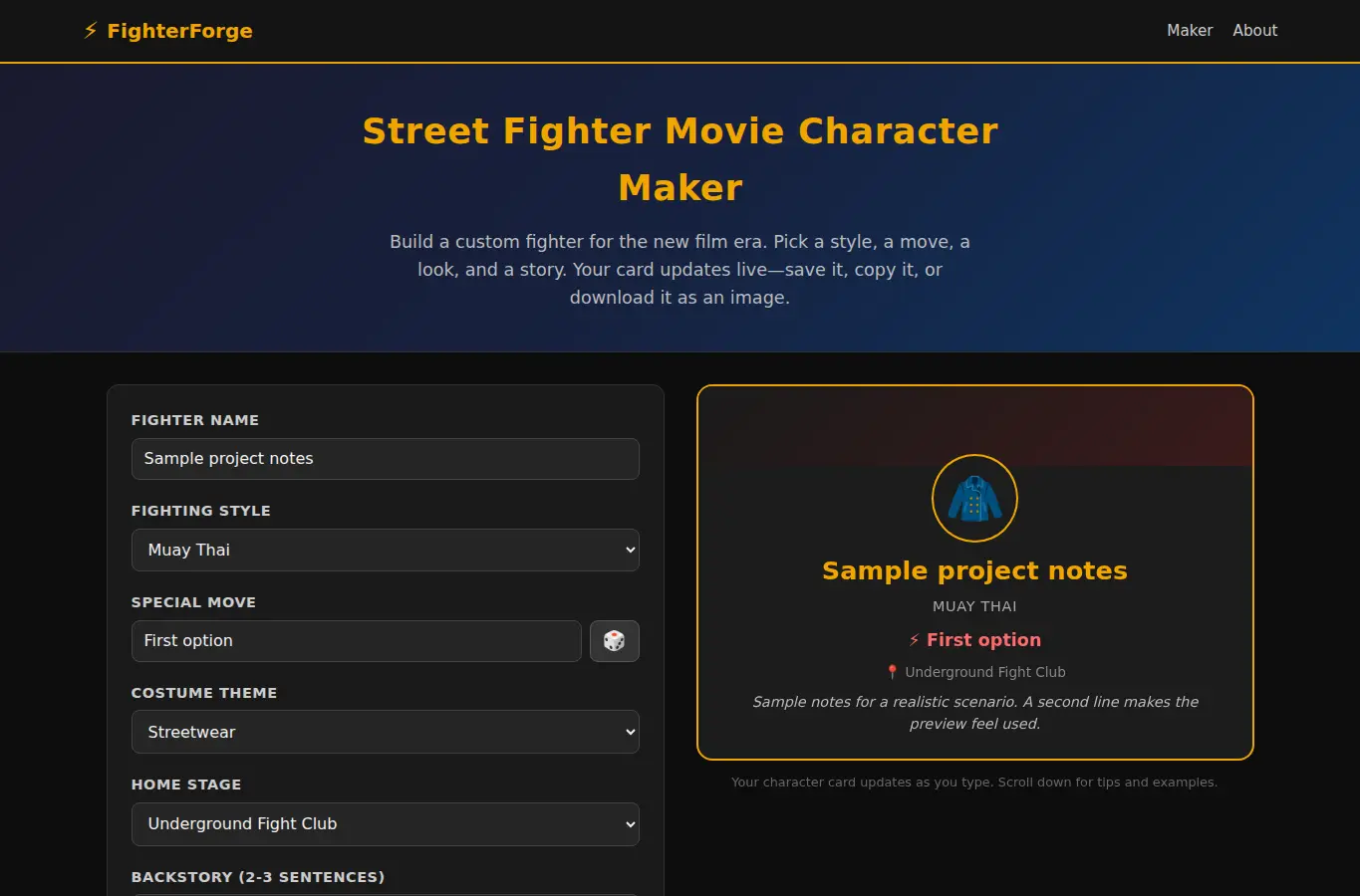 Screenshot of Street Fighter Movie Character Maker interface showing the project page in use